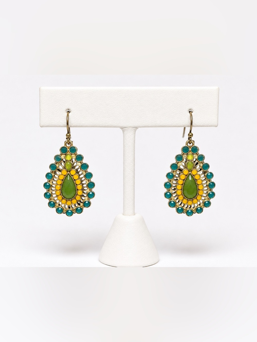 Vintage Boho Teardrop Dangle Earrings Green Yellow Blue Gold Tone Statement